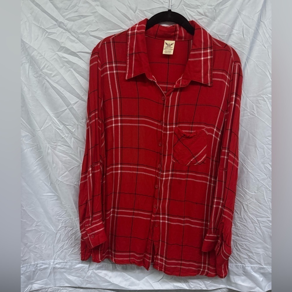 Faded Glory Red Casual Button Down Shirt Plaid 1X